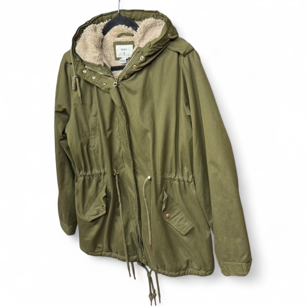 Forever 21 Plush Lined Hooded Utility Parka - Olive Green - Picture 3 of 8